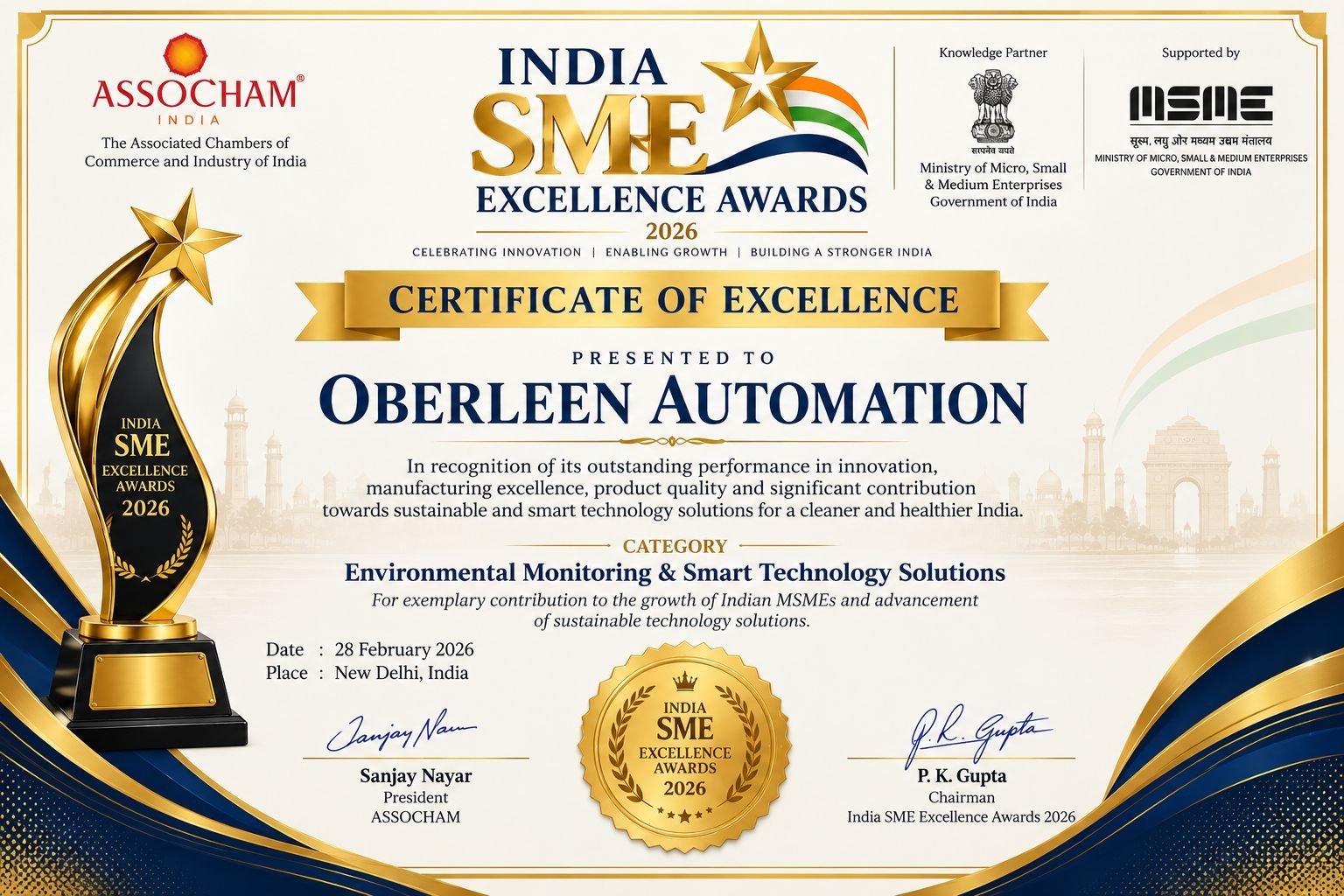 India SME Excellence Awards 2026 certificate of excellence presented to Oberleen Automation