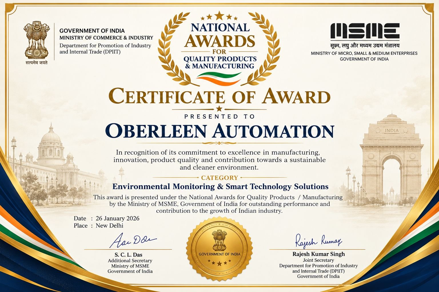 National Awards for Quality Products and Manufacturing certificate of award presented to Oberleen Automation