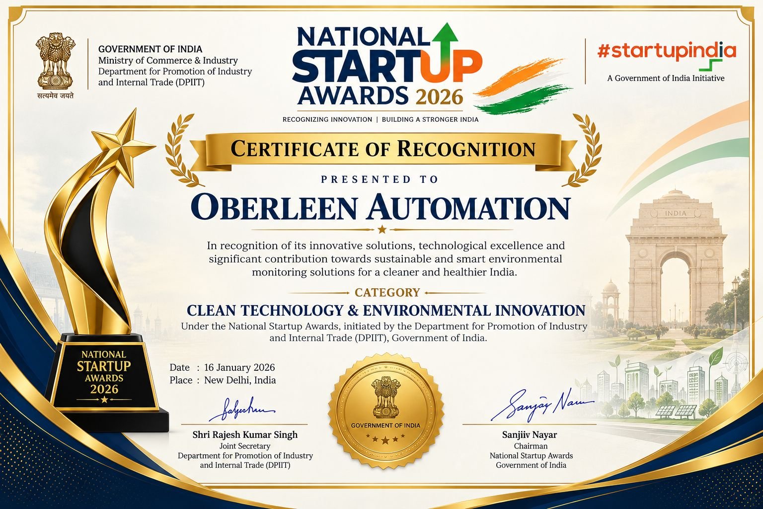 National Startup Awards 2026 certificate of recognition presented to Oberleen Automation