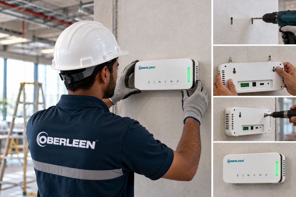 Technician mounting an Oberleen air quality monitor on a construction site wall