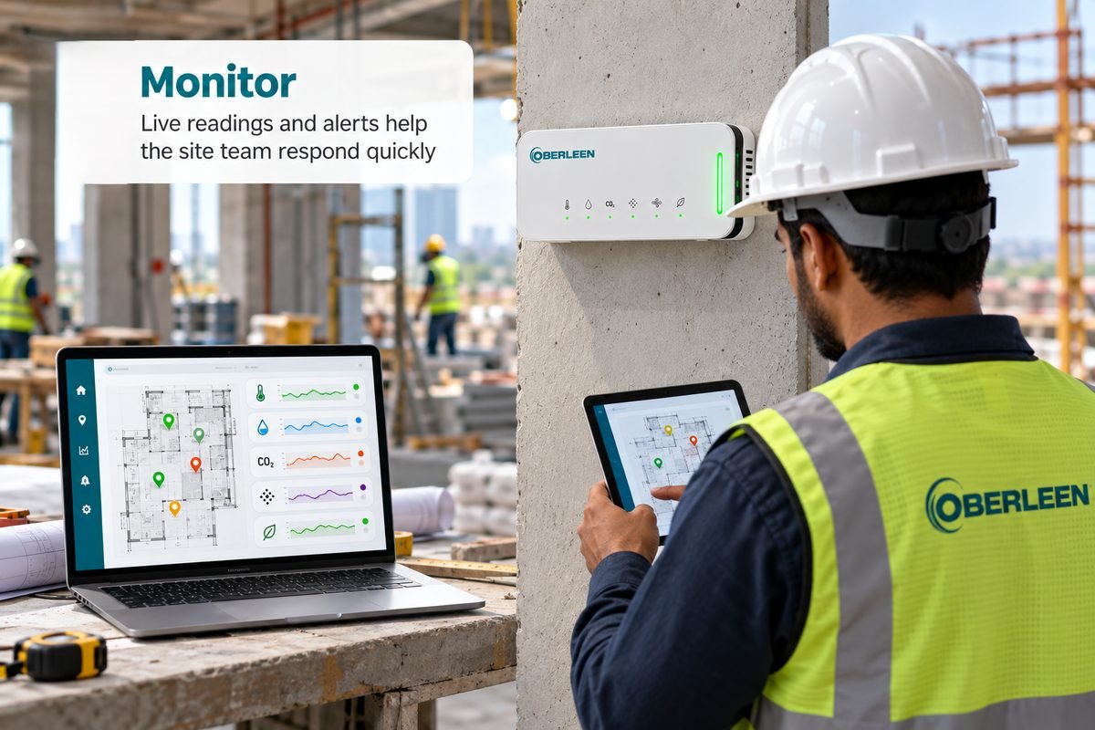 Site engineer checking live dust readings on a laptop and tablet next to an Oberleen monitor