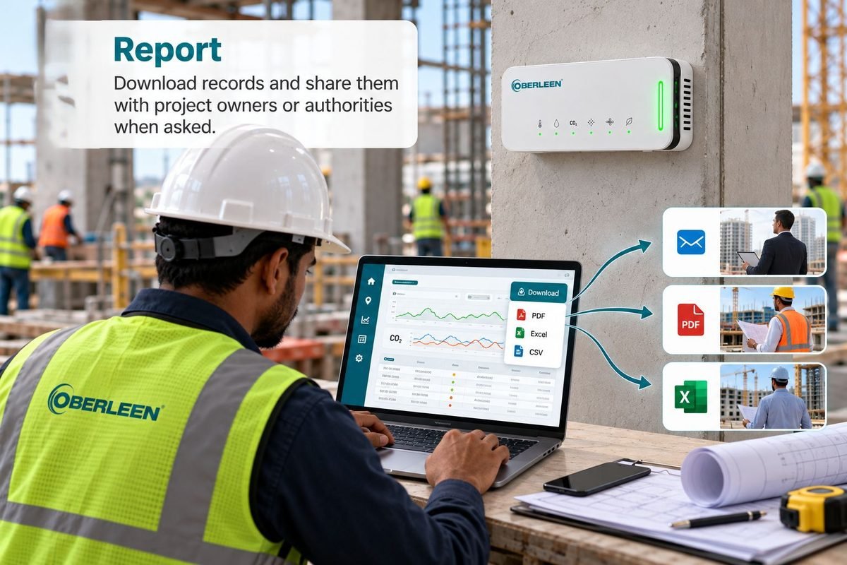 Engineer downloading air quality reports as PDF, Excel and CSV to share with project owners and authorities